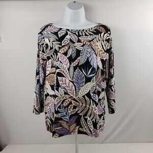 Ann Taylor Factory M Stretch Top Womens Leaves Boatneck Black White Blue Blouse